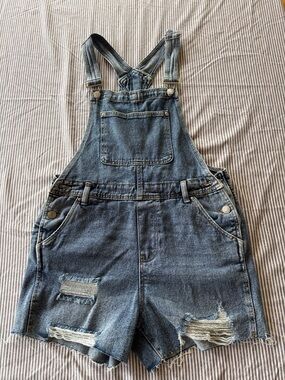 refuge Distressed Denim Shortalls in Blue